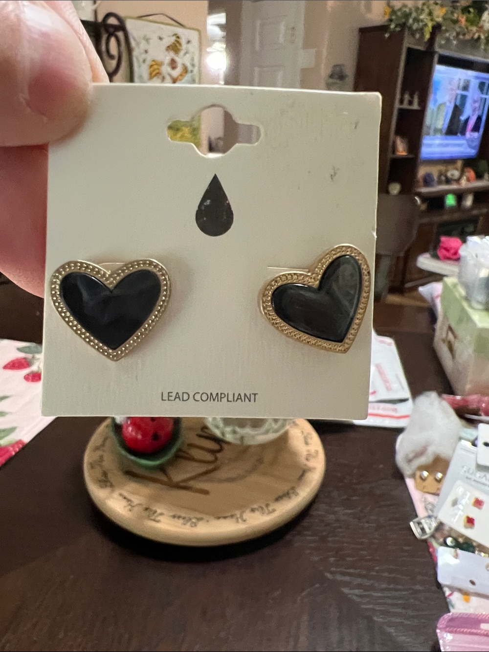 New Gold Heart Stud Earrings with Black Inlay